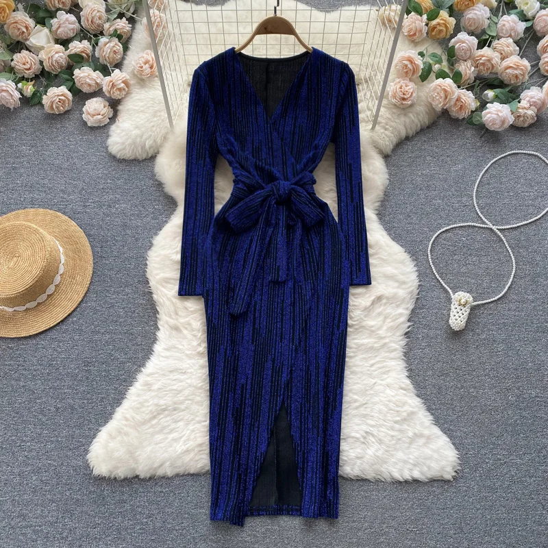 

Женское облегающее платье с V-образным вырезом, привлекательная уличная одежда трапециевидной формы на осень и зиму, элегантные офисные жен...