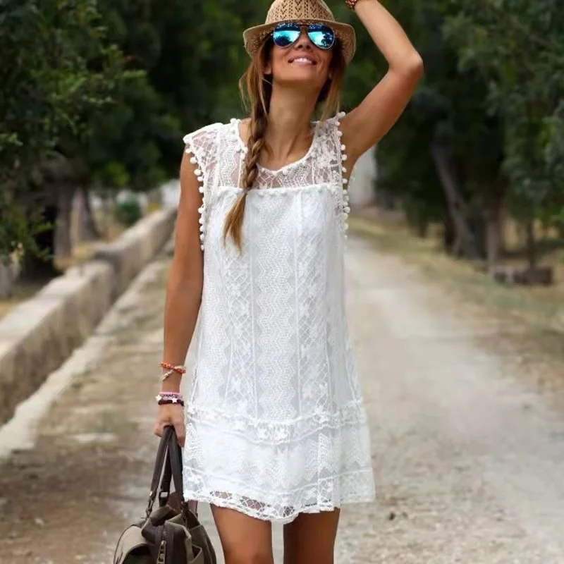 

2022 New Summer Sexy Sleeveless White Lace Women Elegant Pom Pom Trim Floral Hollow Out Mini Short Dress