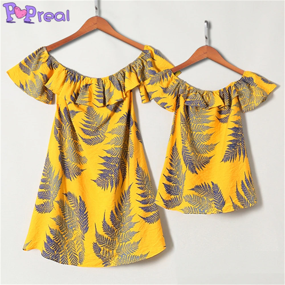 

PopReal Mom And Daughter Dress Summer Fashion Leaf Print Ruffles Short Sleeve Off-Shoulder Drees Mom Girl Family Matching Outfit