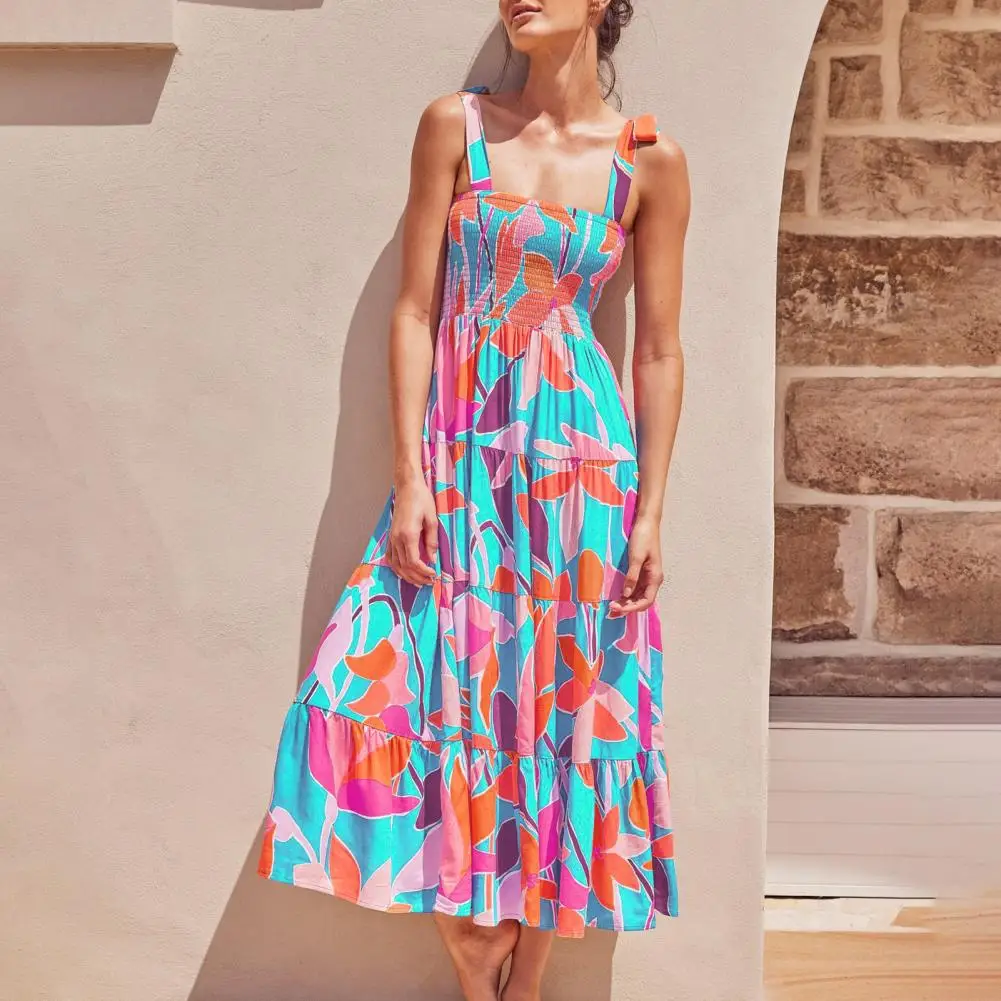 

Summer Dress Elastic Chest Wrap Backless Dress Adjustable Straps Ruffle Flowy Hem Sling Dress Floral Leaves Print Women Dress