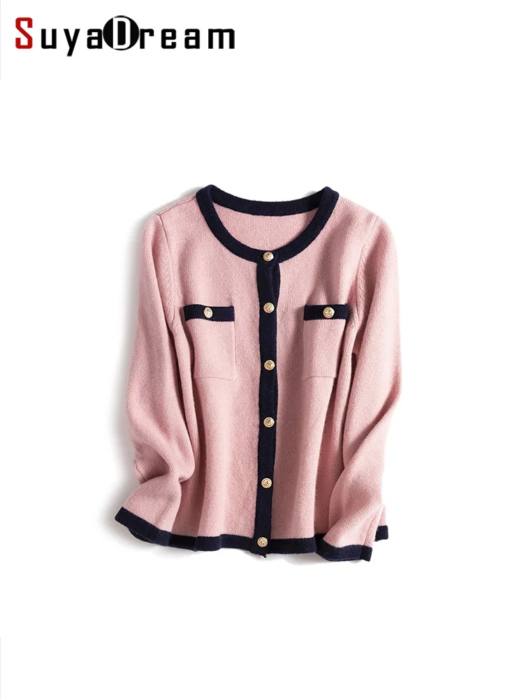

SuyaDream, 100%Wool Cardigans For Woman, Round Neck, Contrast Colors Warm Sweaters, 2023 Fall Winter Office Lady Jackets, Pink