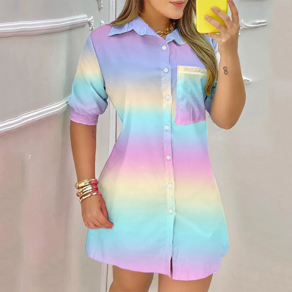 

Fashion Women Blouses 2022 Elegant Summer Short Sleeve Long Shirts Mini Dress Printed Turn-Down Collar Shirt Dress Loose Clothes