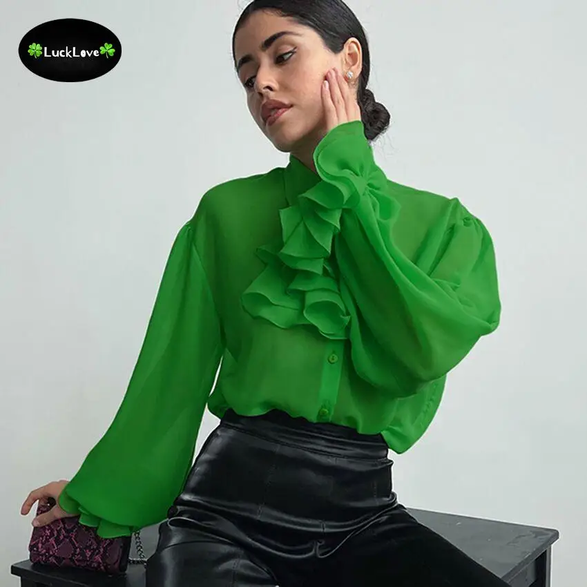 

Зеленая прозрачная рубашка с длинным Расклешенным рукавом, женские шикарные топы с оборками на воротнике, женская уличная одежда на весну и...