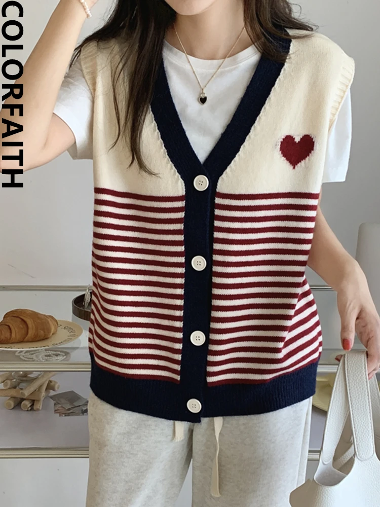 

Colorfaith New 2022 Chic Korean Fashion Striped Waistcoat Knitted Vintage Sweaters Women Autumn Winter Wild Lady Vests SWV3528JX