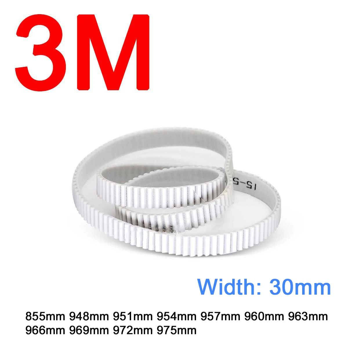 

1Pc Width 30mm HTD 3M White Polyurethane PU Tooth Timing Belt Pitch Length 855 948 951 954 957 960 963 966 969 972 975mm