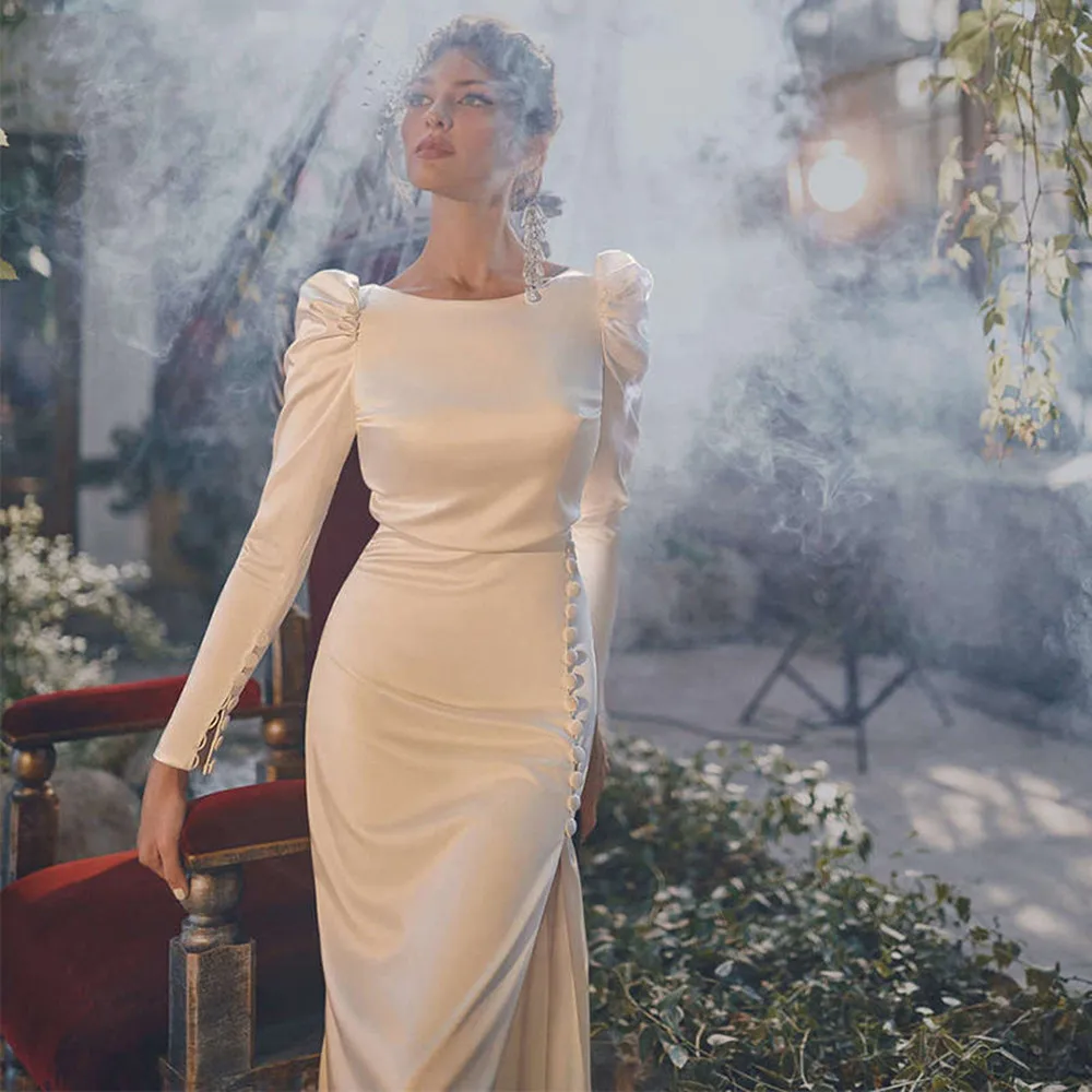

White Sexy Mermaid Wedding Dress For Woman Long Sleeves Backless Bride Long Gown Simple Satin Sweep Train Robe De Mariée