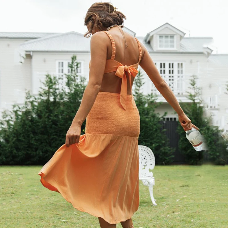 Ardm Sexy Square Neck High Waist Solid A-Line Holiday Sleeveless Backless Boho Summer Dresses For Women 2022 Party Two Piece Set