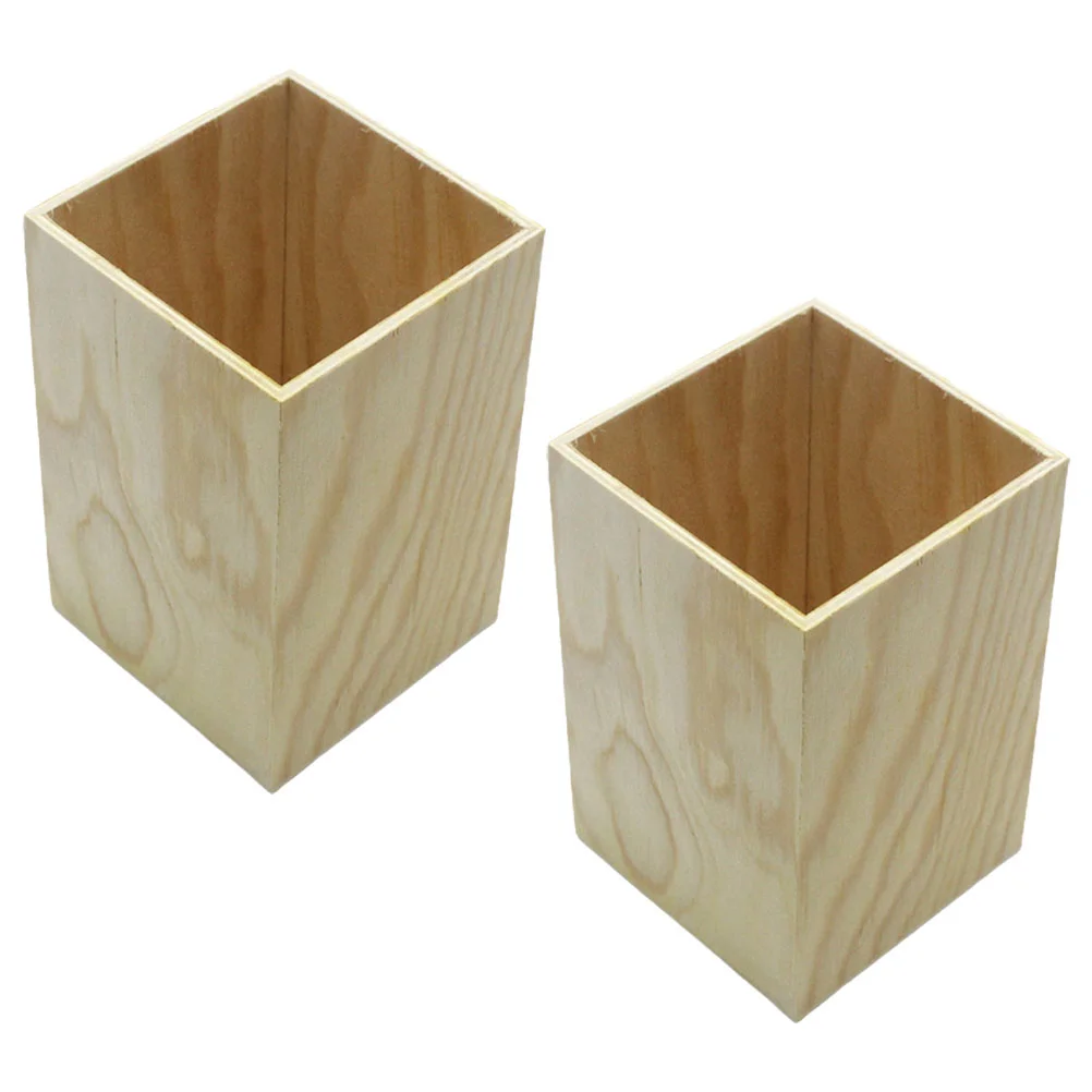 

2 Pcs Desktop Pen Holder Cup Solid Wood Tabletop Organizer Wooden Home Office