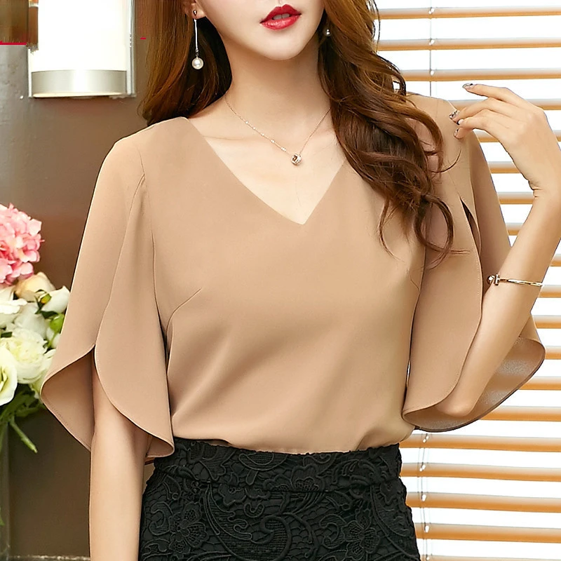 

2021 Summer Blouses Womens Casual Solid Chiffon Shirt Blusa Feminina Butterfly Sleeve Korean Loose Women Blouse Black Top Blusas