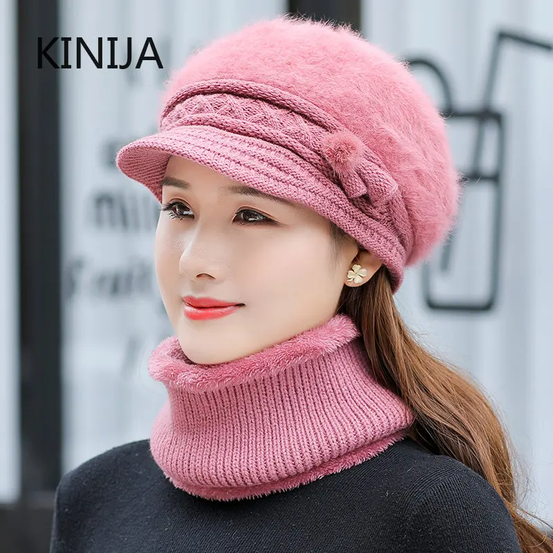 

Женская зимняя шапка с бархатной подкладкой, теплая вязаная шерстяная шапка с защитой от холода, шапка для мам среднего возраста из кроличь...