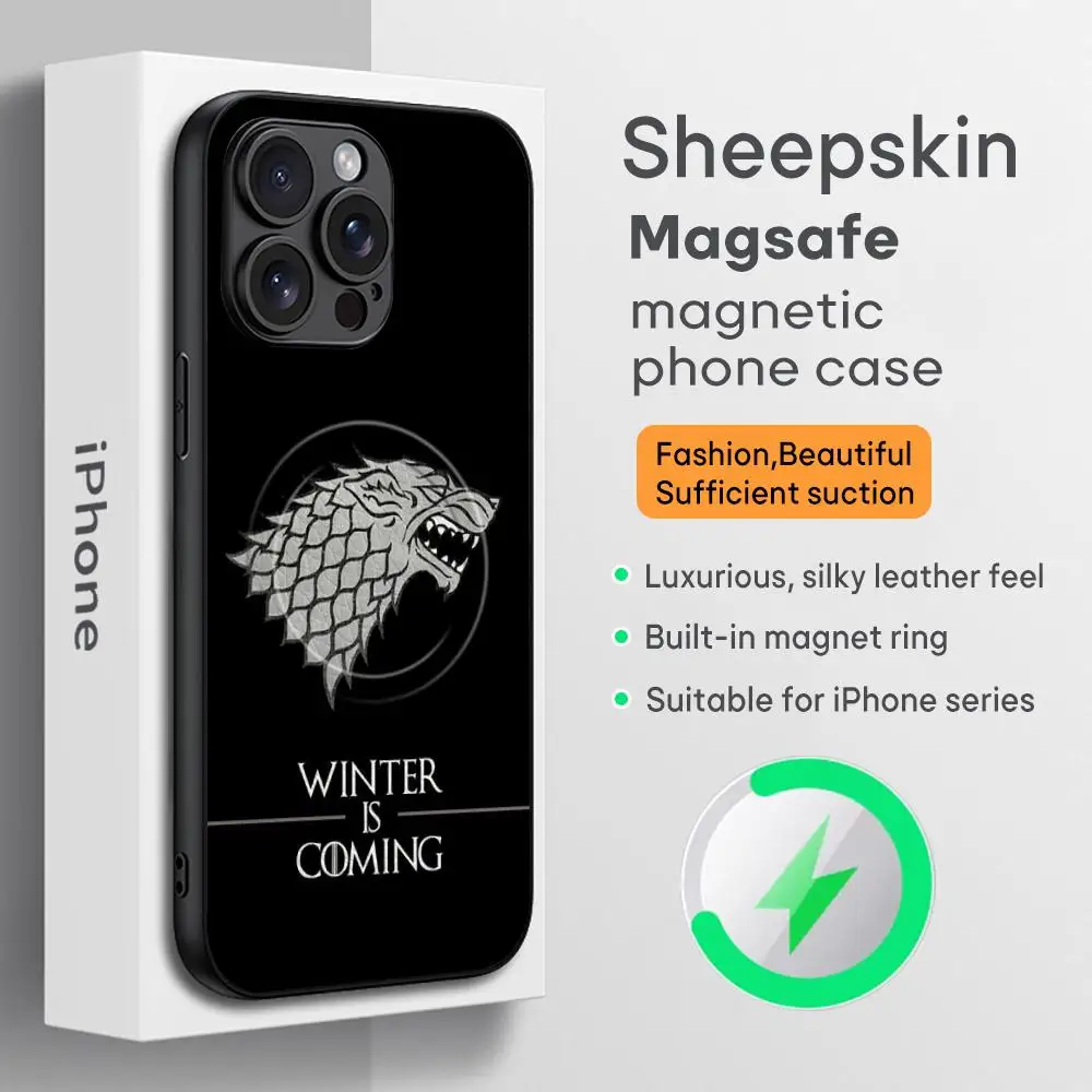 Фото Чехол для телефона Thrones Game с крутым рисунком логотипа для iPhone 16, 15, 14, 13, 12, 11 Plus Pro Max, роскошный роскошный чехол Magsafe из овчины №1