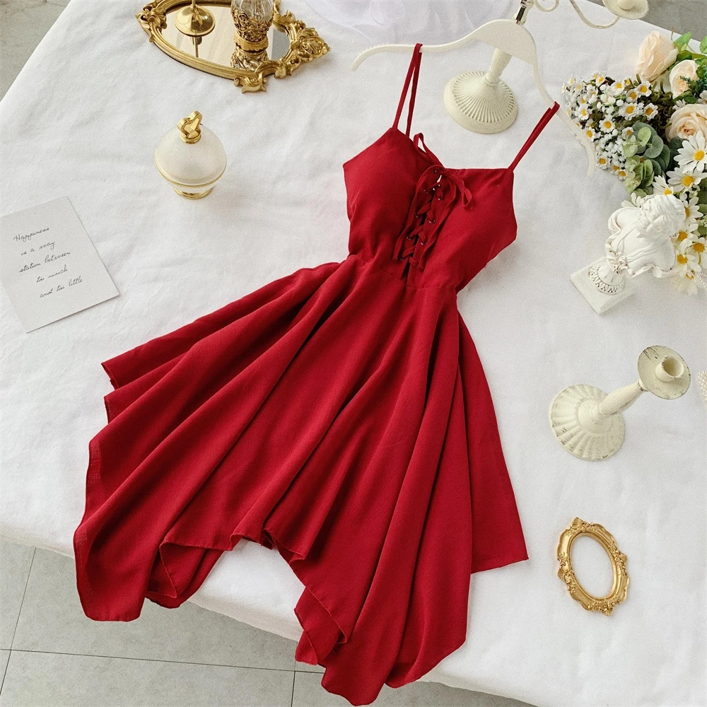 

2022 Women Sexy Spaghetti Strap Dresses Summer Female V Neck Sleeveless High Waist Dress Ladys Sash Tie Up Dress