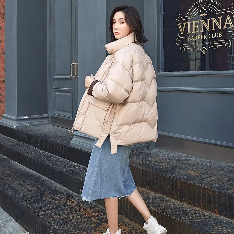 Down Jacket Women Winter Stand Collar Coat White Duck Down Warm Solid Down Coats Zipper New Pockets Outerwear Ladies M29