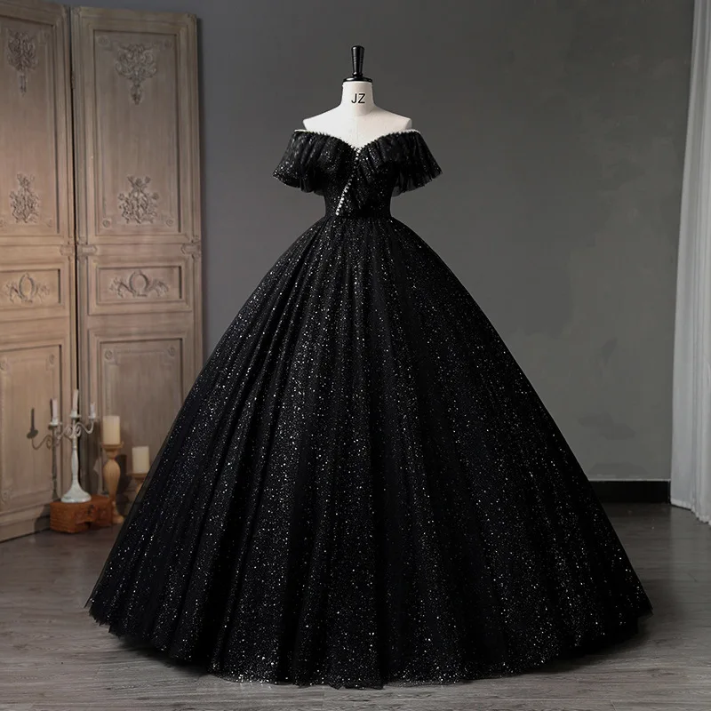 

Off Shoulder Evening Dress Female V-Neck Temperament Performance Art Examination Annual Meeting Host Solo Black Dress