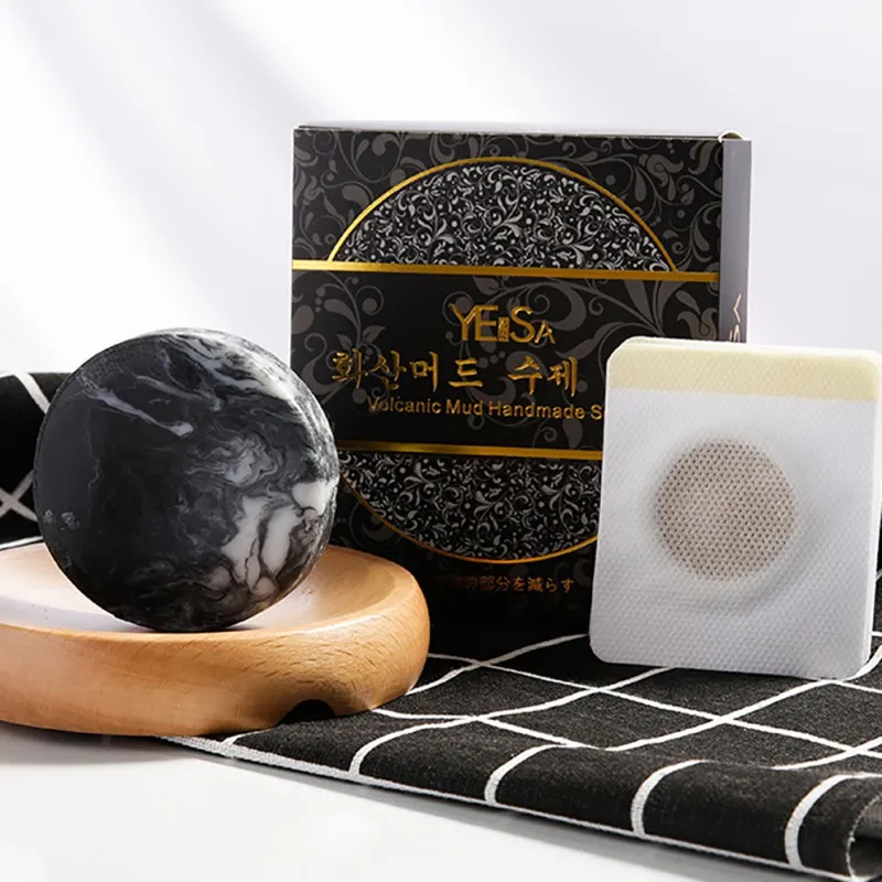 

Mineral Volcanic Mud Handmade Soap Gray Bath Body Soap Deep Cleansing Oil Control Acne Soaps Cleanser with 5pcs umbilical paste