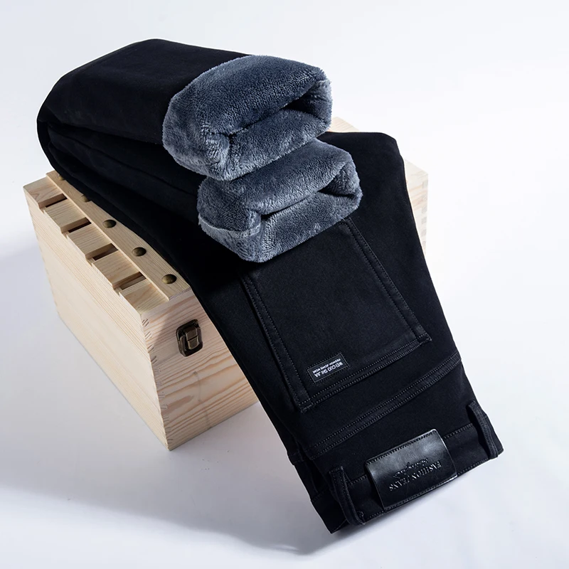 2023 Winter Warm Denim Casual  Fleece  Jeans Men Elasticity  Slim Fit Stretch Thick Velvet Pants Black Grey Blue Jeans