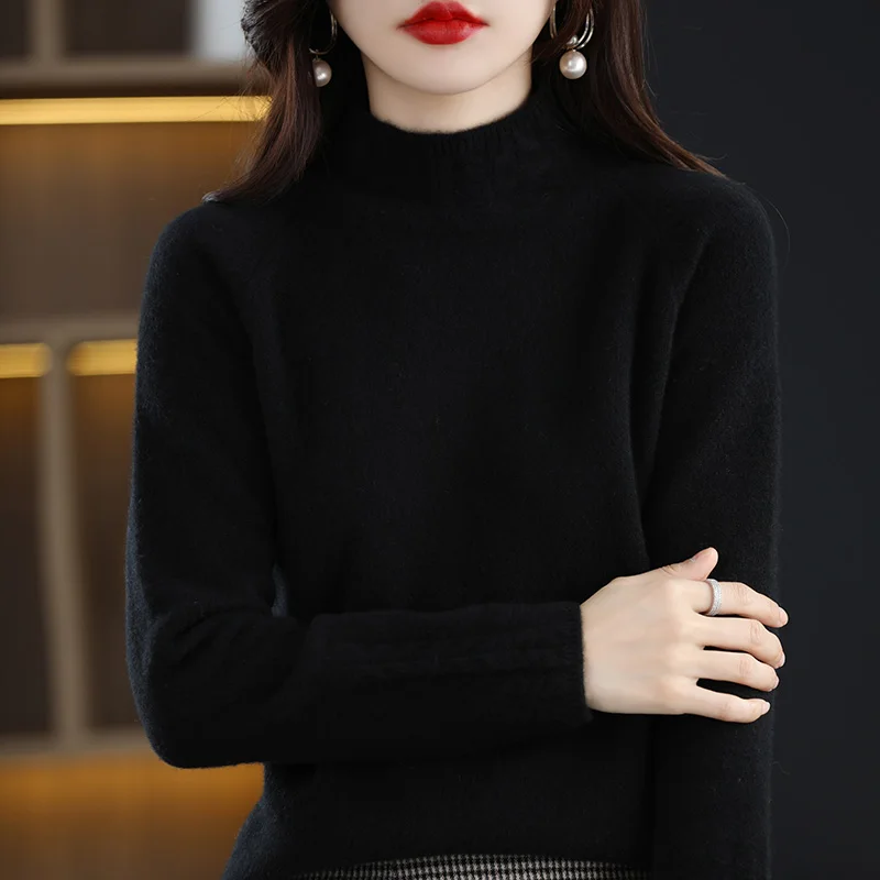 Authentic Autumn And Winter New Half Turtleneck Thickened Cashmere Sweater Knitted Solid Color Retro Loose Long-Sleeved Sweater