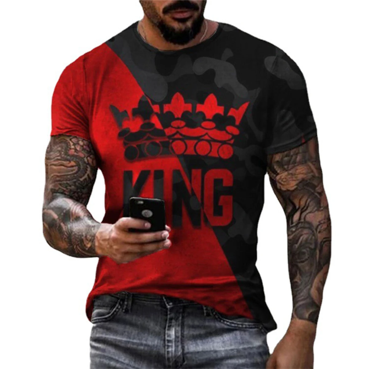 

2022 nova masculina rei coroa 3d impressão camiseta moda e bonito camisa de manga curta casual esportes masculinos tamanhos gran