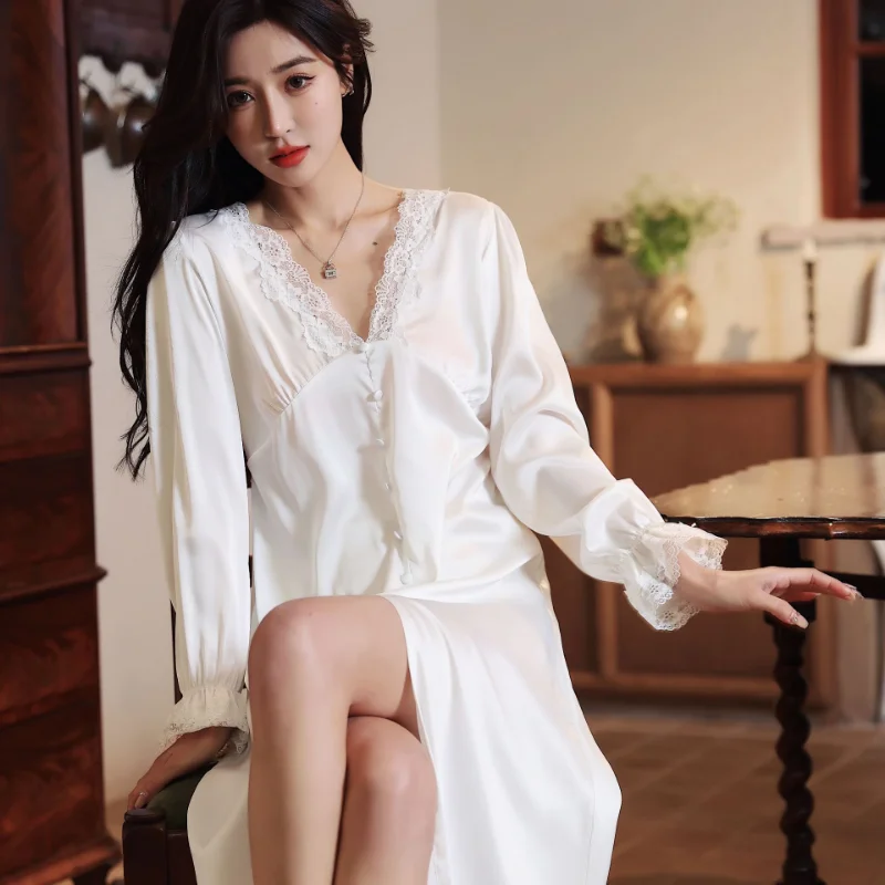 Ice Silk Pajamas Dress Lace Sexy Long Vintage Nightdress Snow Silk Long Skirt Sleepwear The Sexy Clothes for Sleep Nightgown