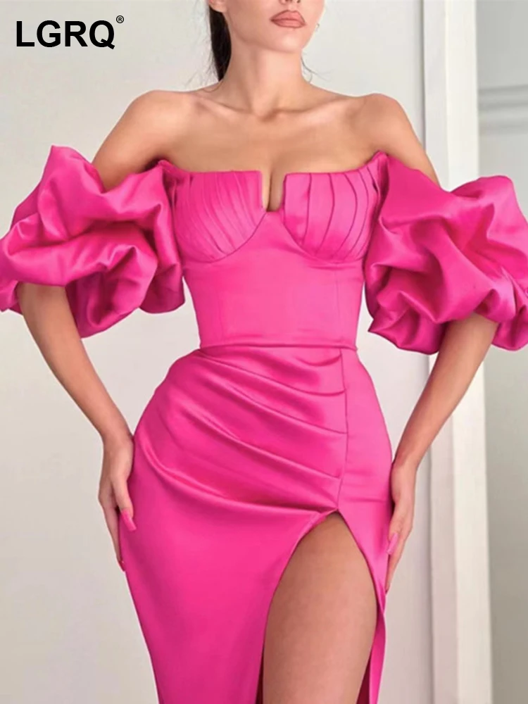 

LGRQ High Quality Pleated Puff Sleeve Wrap Buttocks Bandage Slim Fit Women's Sexy Dresses 2023 Summer New Trendy Party 19F1066