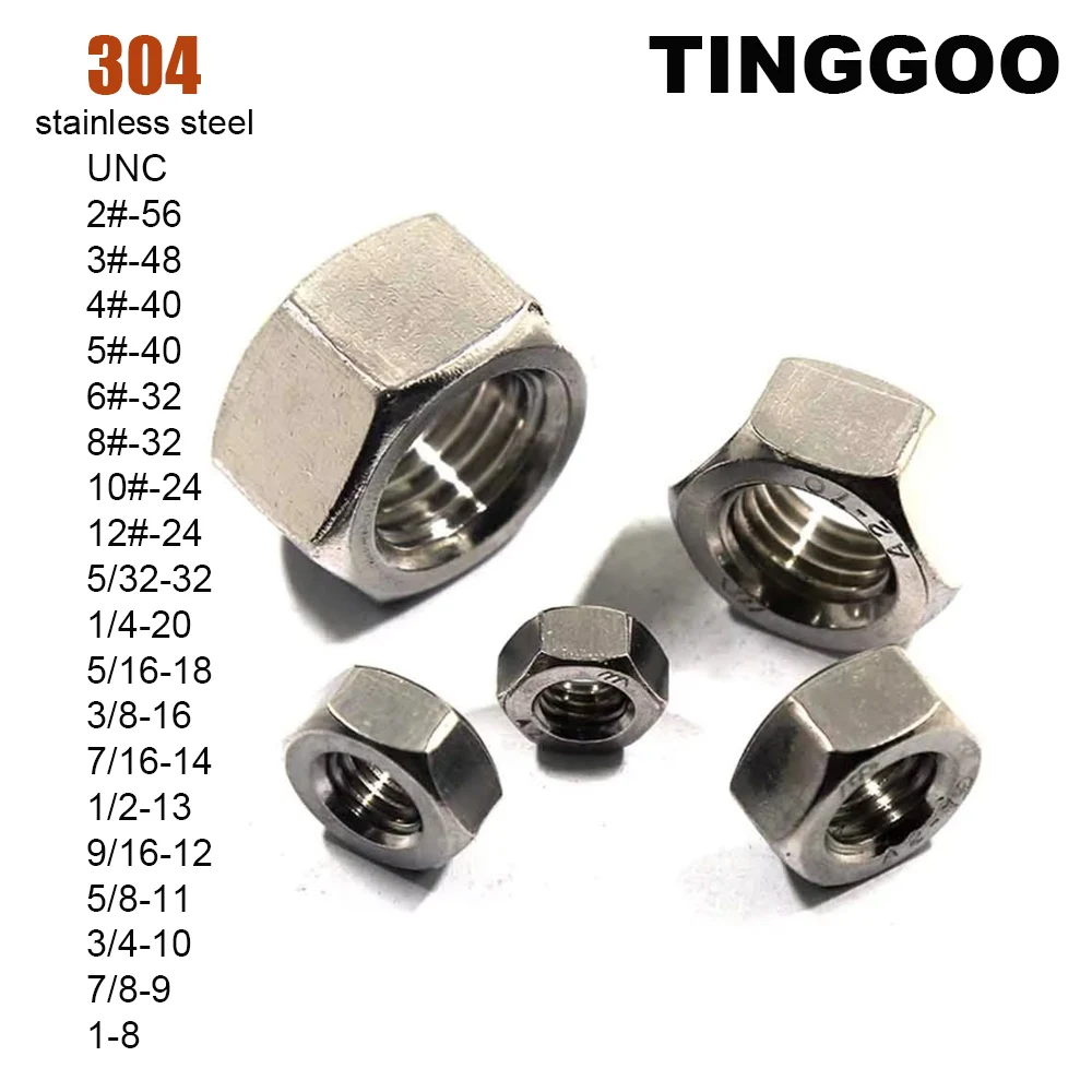 

1/50 шт UNC 2 # -56 3 # -48 4 # -40 5 # -40 6 # -32 8 # -32 10 # -24 12 # От -24 до 1-8 Нержавеющая сталь 304, США, грубая нить из Великобритании, шестигранная шестигранная гайка