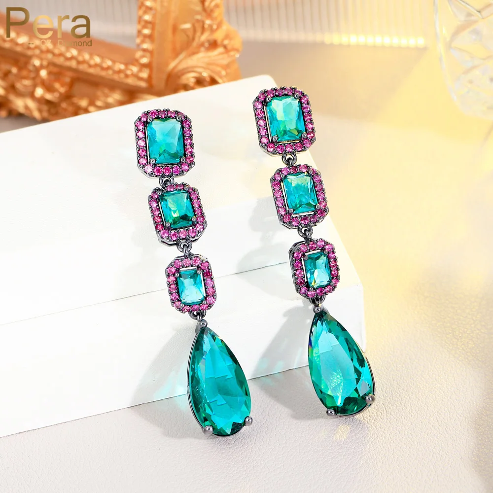 

Pera Graceful Long Evening Dark Green Red Cubic Zirconia Water Drop Earrings for Wife Women Wedding Party Jewelry Gift E110