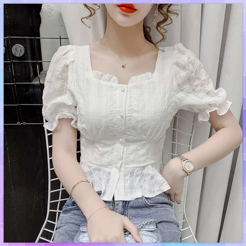 

Summer Oversize Women's Chiffon T-Shirt White Crop Top Short Sleeve Shirts Ruffled Tee Shirts Square Collar Tops Female Clothes