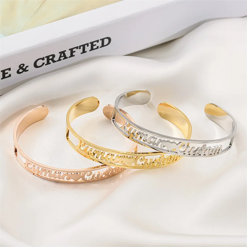 Hiyong Custom Name Bangle, 8 mm Hollow Name Bracelet Men Bracelet Custom Name Personalized Bracelets Jewelry Best Friend Gifts