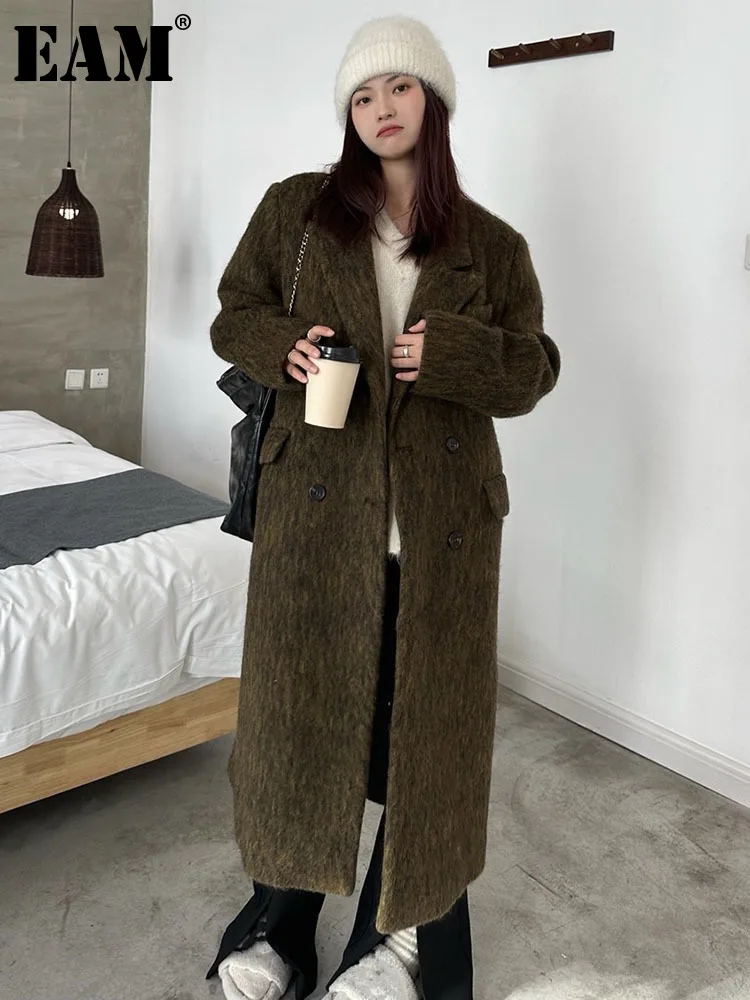 

[EAM] Green Big Size Elegant Long Woolen Coat Parkas Lapel New Long Sleeve Women Fashion Tide Autumn Winter 2022 1DF3546