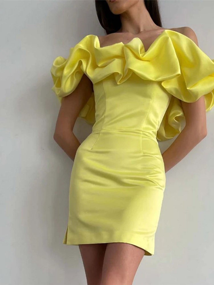 2022 Summer Fashion Lady Party Club Dress Women Ruffles Strapless Mini Dress Satin Sleeveless Sexy High Waist Bodycon Dresses