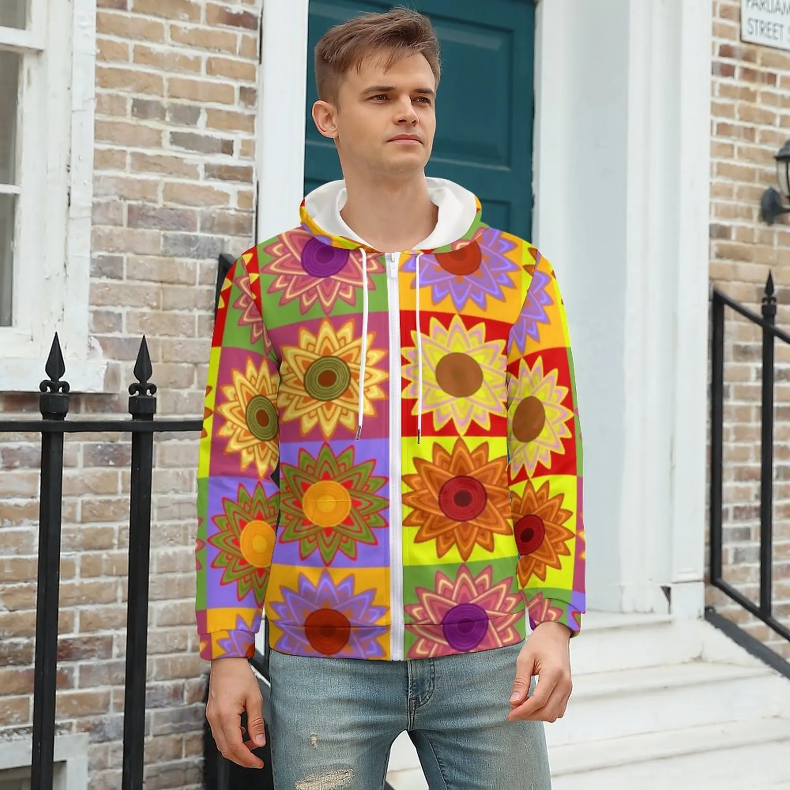 

Sunflower Pattern Hoodie Vintage Flower Print Autumn Hoodies Loose For Man Zip Up Hoodie For Man Oversize
