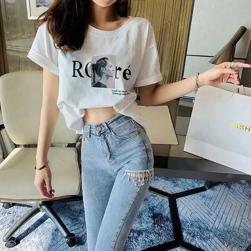 

Nine-point Pants Women Solid Trouser Blue Hold Jeans Sexy Beading Women's Summer 2023 New All-match High Waist Stretch Pants