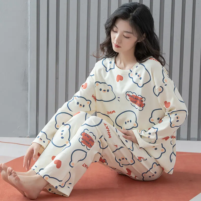 Yasuk Spring Autumn Fashion Women's Casual Lovely Print Cotton Pocket Sleepwear Homewear Cute Pajamas With Pants Bear Pullover