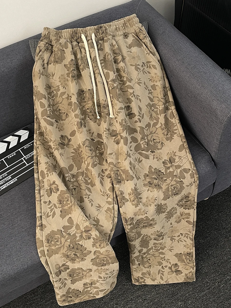 Американские винтажные вельветовые повседневные брюки с полным принтом мужские