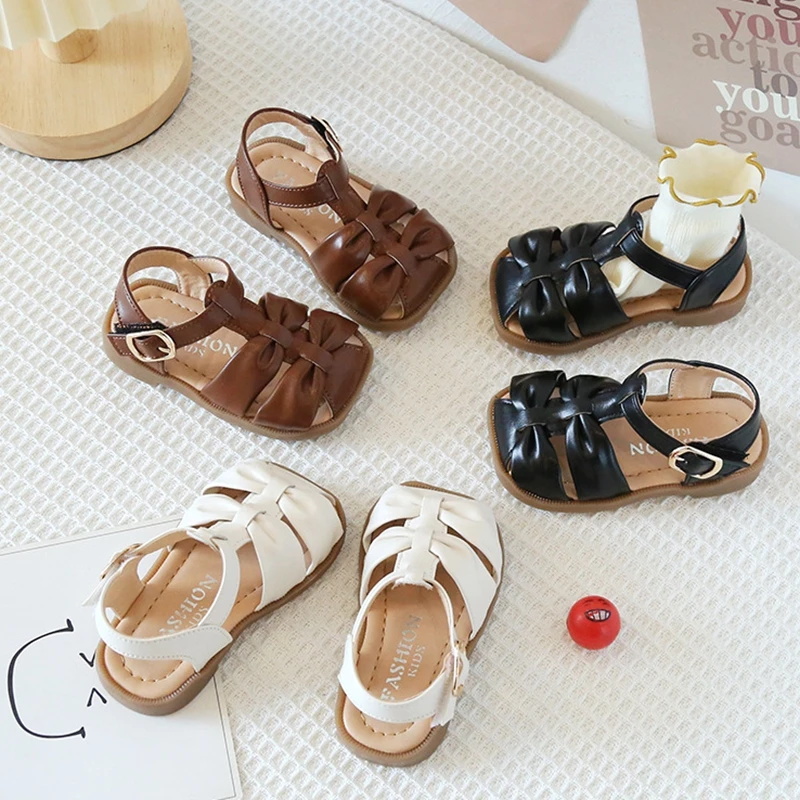 

12-15.5cm Baby Girls Summer Sandals,Closed Toe Double Butterfly-knot Fashion Beach Sandals For Toddler,Strap Infant Walkers