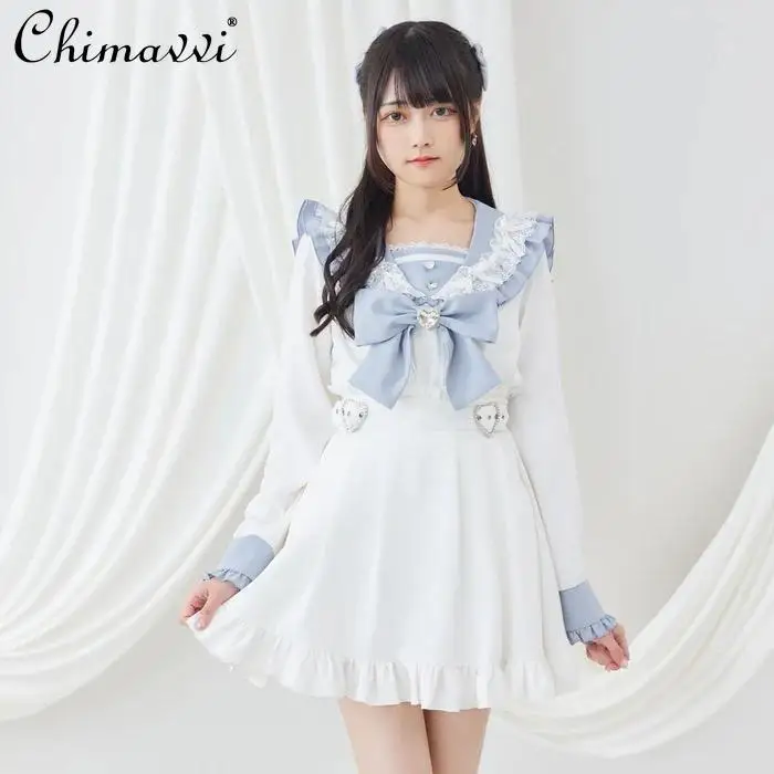 Новинка рубашка в японском стиле для милой девушки морском с большим бантом