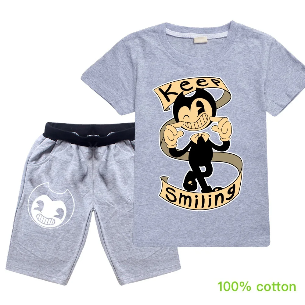

New Bendying and The Ink Machine Kids Summer Clothing Boys Short Sleeves Cotton Tshirt Sport Shorts 2pcs Sets Baby Girls Outfits