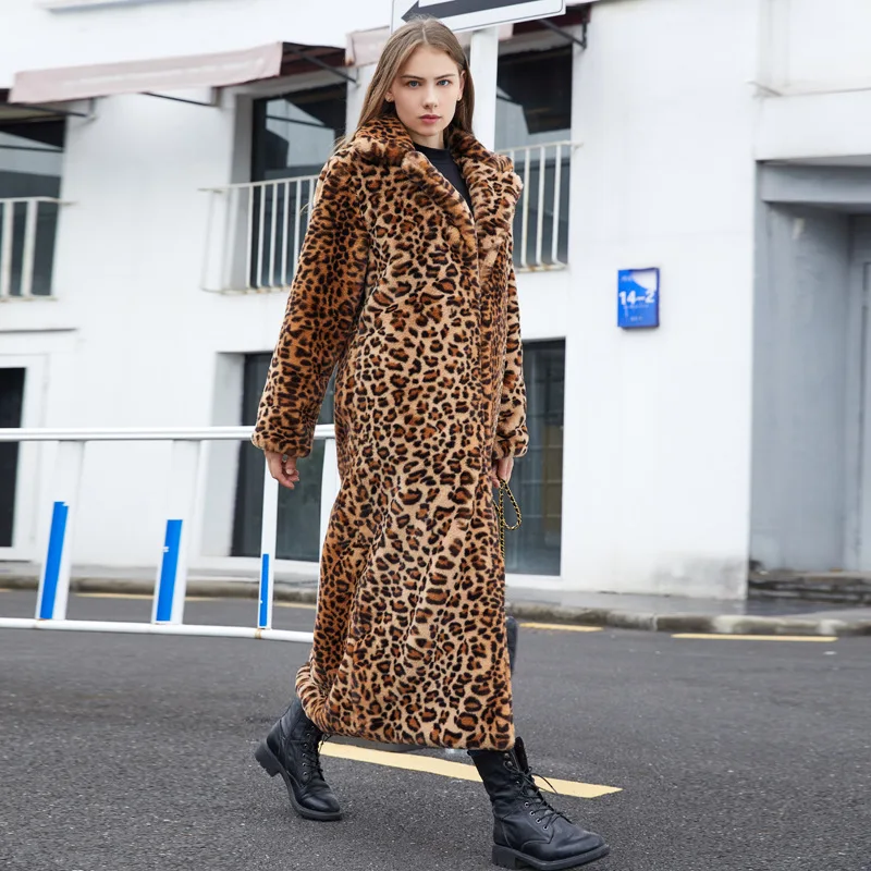 

2023 Winter Women's Faux Fur Leopard Print Tailored Collar Warm Thick X-Long Coat Long Sleeve Hipster Jacket Feminino