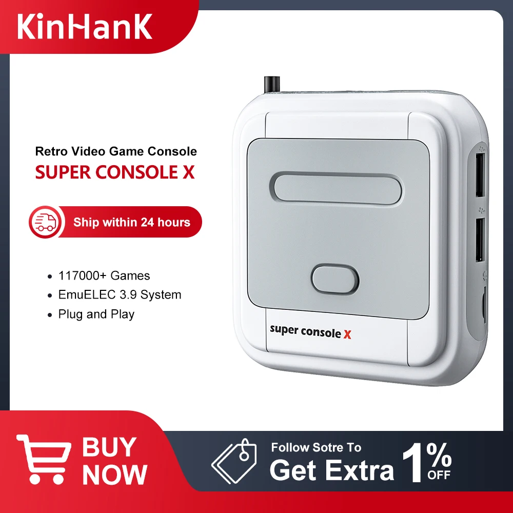 

Game Console KINHANK Super X Retro Game Console 117000 Video Game for PSP/N64/MAME/PS1/DC Video Game Console With 2 Controllers
