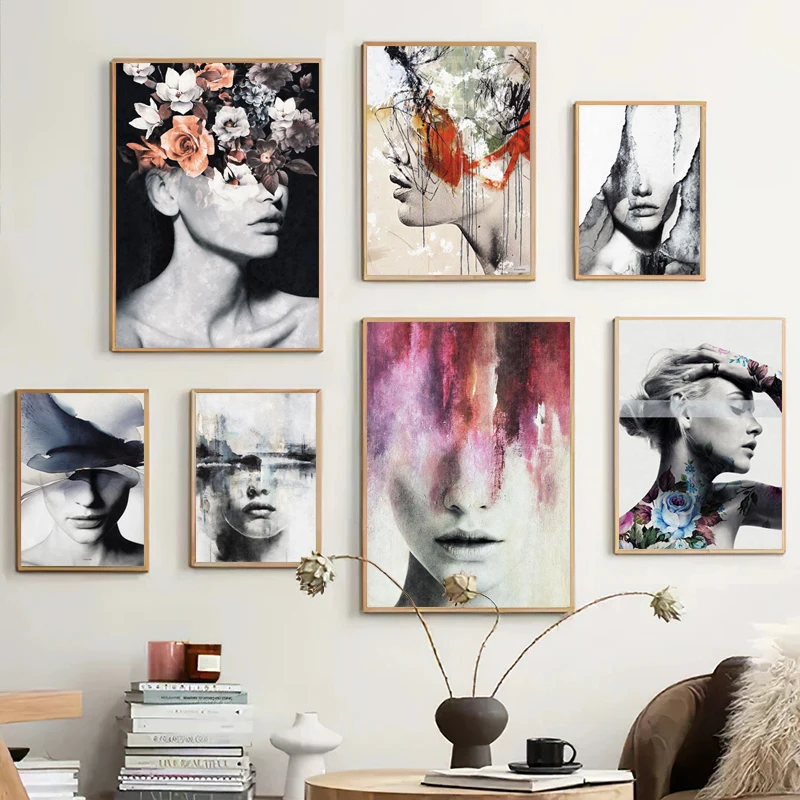 

Modern Nordic Women Canvas Painting Wall Art Abstract Portrait Poster and Prints Black White Decorative Picture for Living Room