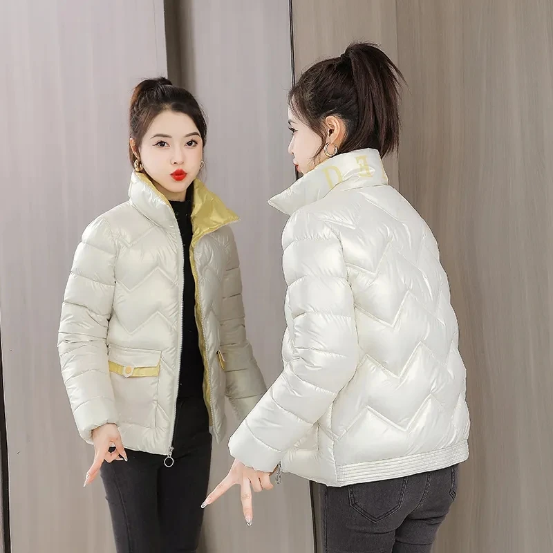 

2022 New Glossy Leave-in Coat Womens Short Winter Down Cotton Jackets Korean Loose Down Parkas Women Zipper Long Sleeve Outwear
