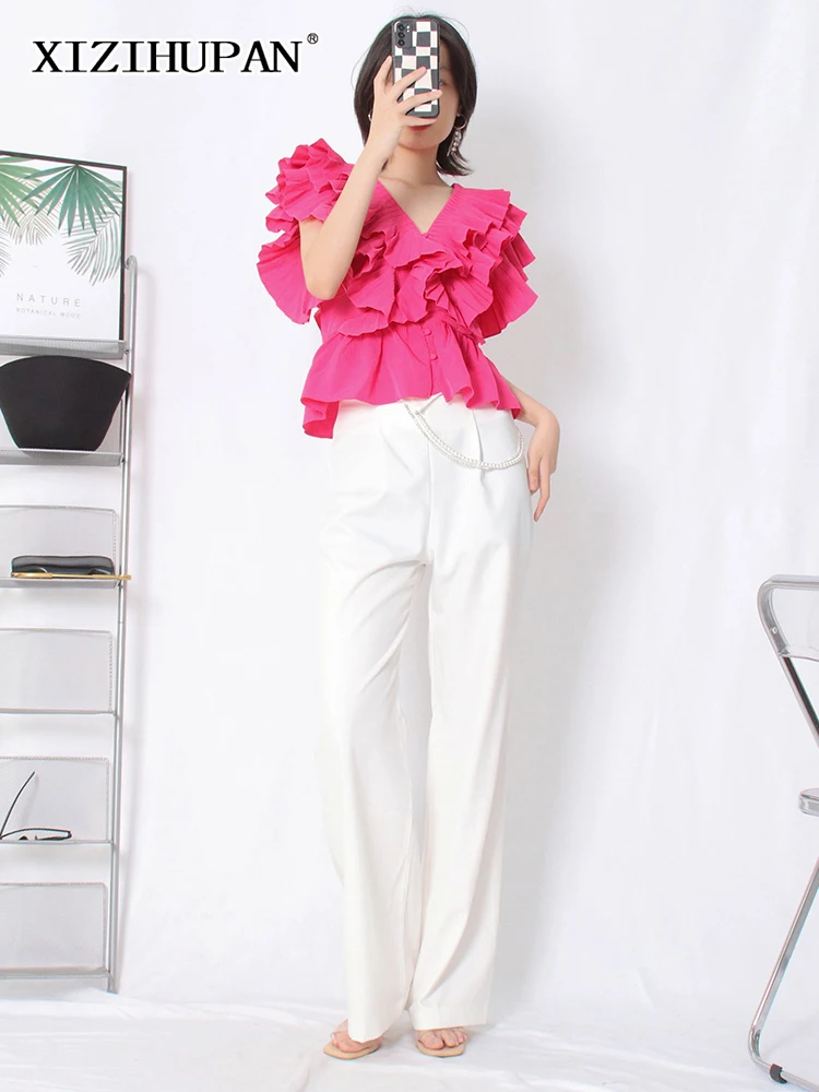 

XIZIHUPAN White Loose Pants For Women High Waist Patchwork Chain Cut Out Long Wide Leg Trousers Female Spring Fashion Clothing