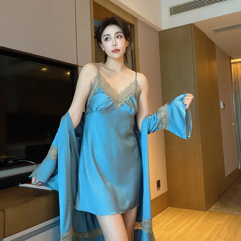New suspender nightdress two-piece ice silk homewear wholesale sexy pajamas lingerie set with robe