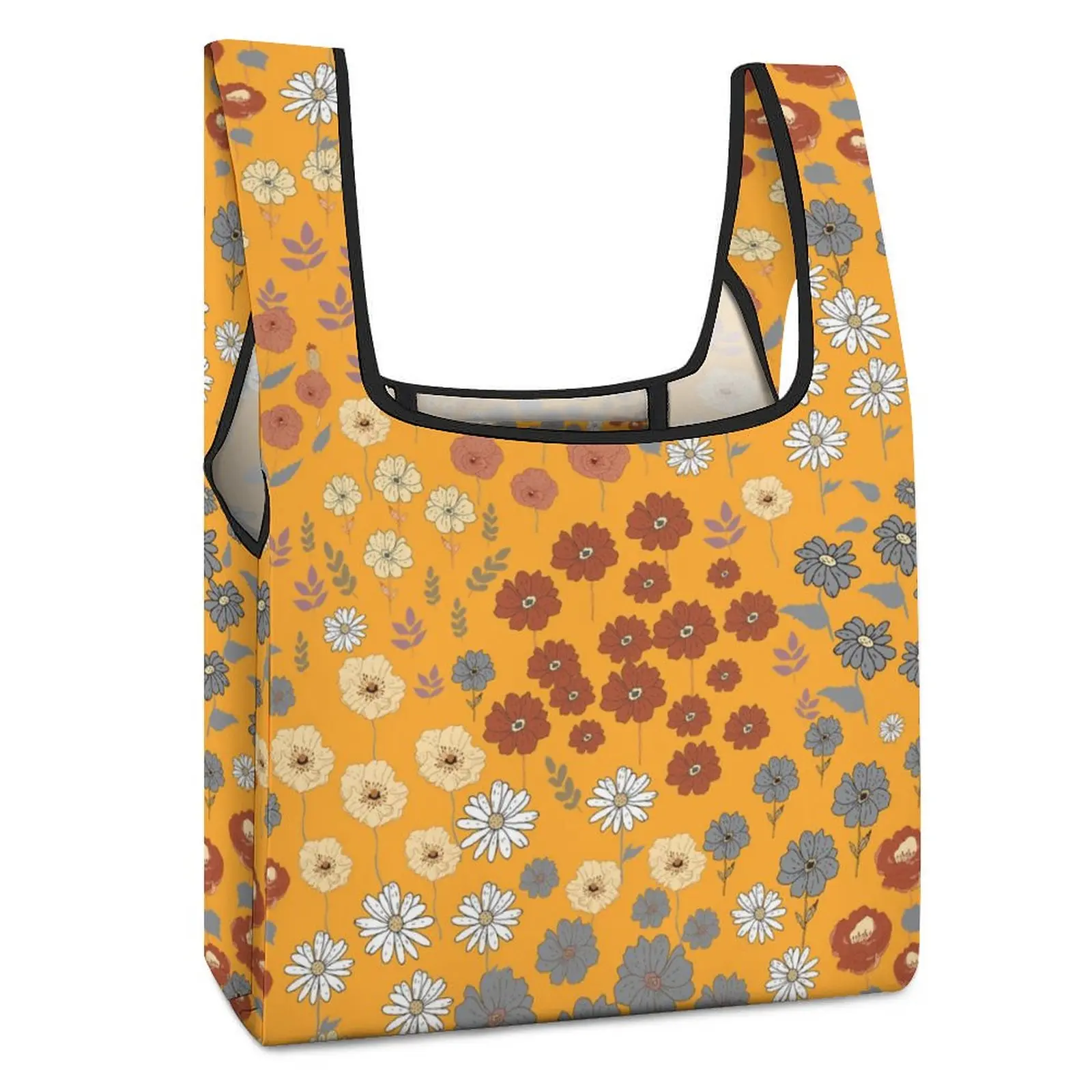 Customized Printed Collapsible Shopping Bag Double Strap Handbag Orange Print Tote Casual Woman Grocery Bag Custom Pattern