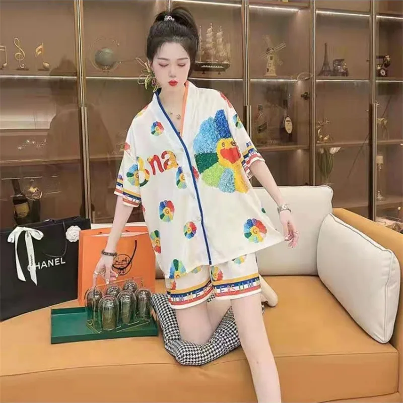 2023 Summer New SUNFLOWER Artificial Silk Short Sleeve Pajamas Women's Homewear Three-Piece Suit Women's Pajamas Suit