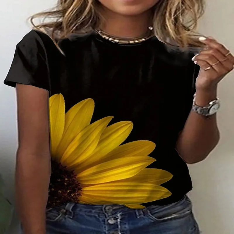 

2022 New Fashion Summer Short Sleeve Black Sunflower Flower Print Casual T-Shirt