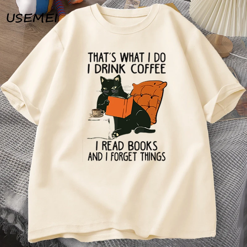

Cute Cat T-shirt for Women Men Books Coffee Cat Print T-shirts Funny Designer Cotton Comfortable Male Tee Shirt Male Clothing