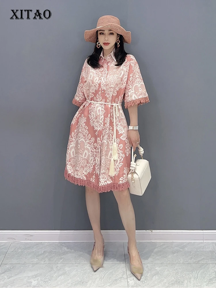 

XITAO Tassel Print Single Breasted Dress Turn-down Collar Loose Summer Show Thin New Arrival Casual Fashion All Match WLD11747