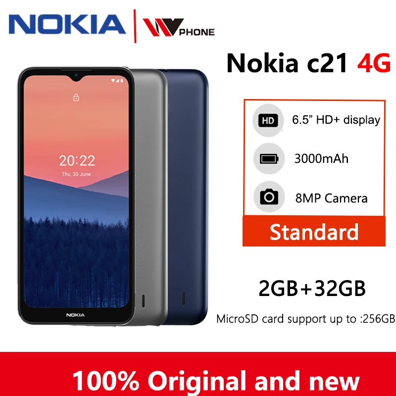 

Nokia C21 4G 6.5'' HD+ V-notch Dual SIM 3000 mAh All-day battery life 2+32GB Android™ 11 with GPS/AGPS MicroSD support 256GB