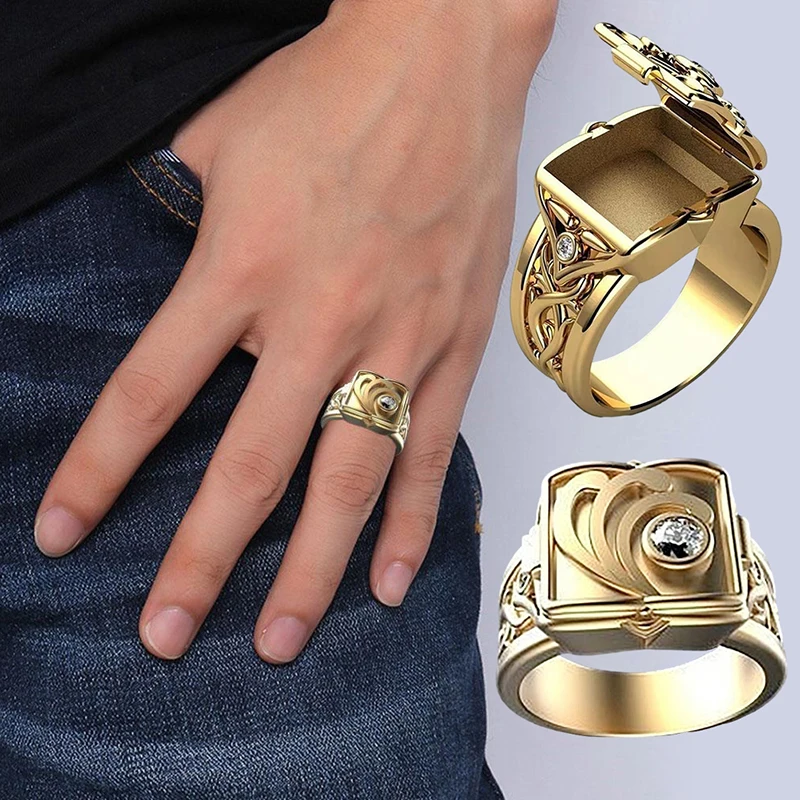 

Men's Unique Rings Flip Ring Secret Small Room Gold White Coffin Ring Men's Copper Alloy Box Fashion Luxury Jewelry For Gifts